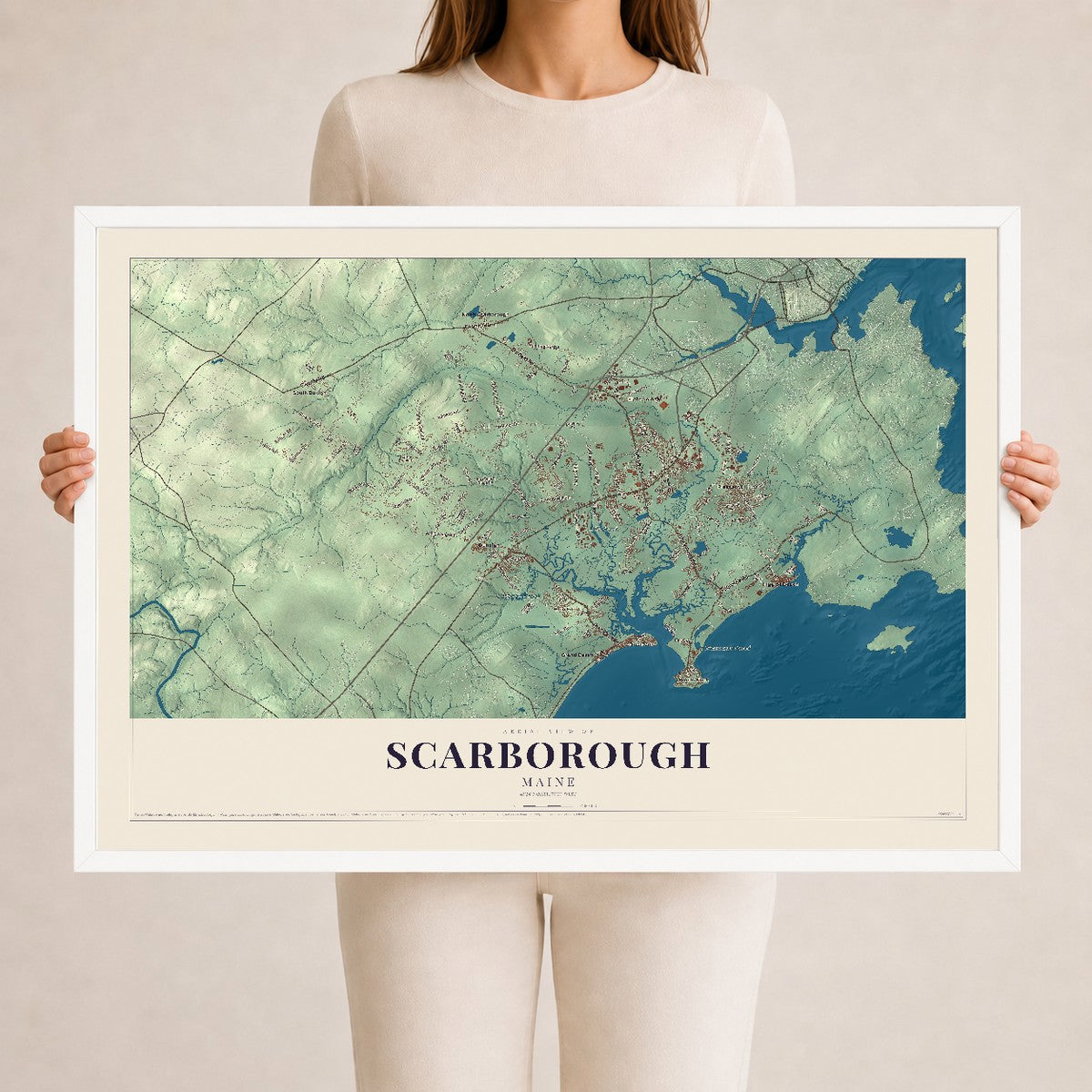 Scarborough, Maine map print - 24 x 36 white Ayous wood frame
