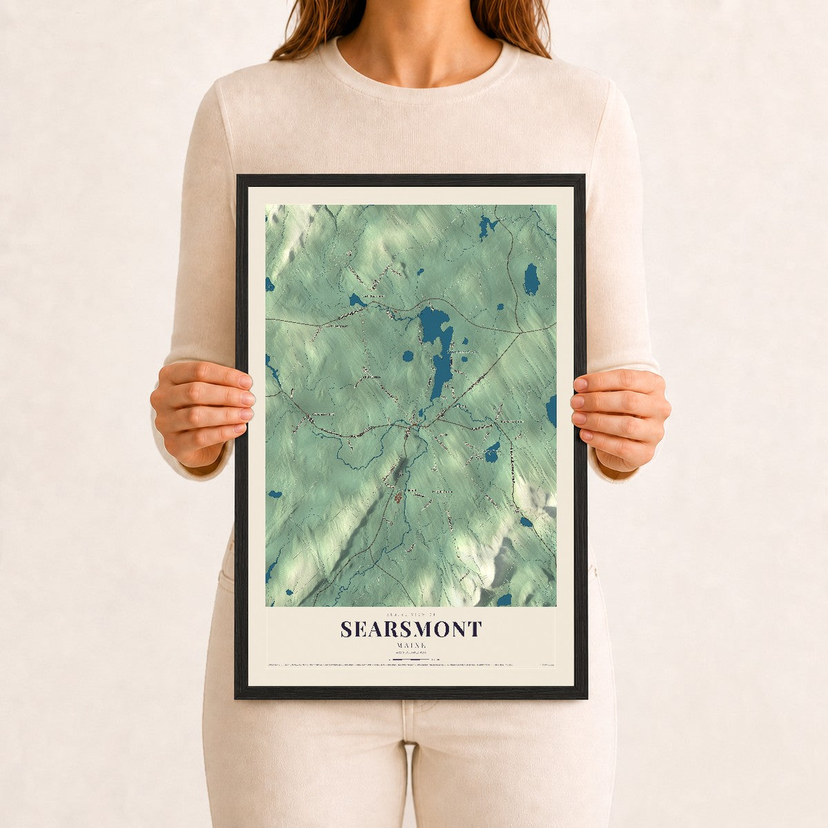 Searsmont, Maine map print - 12 x 18 black Ayous wood frame