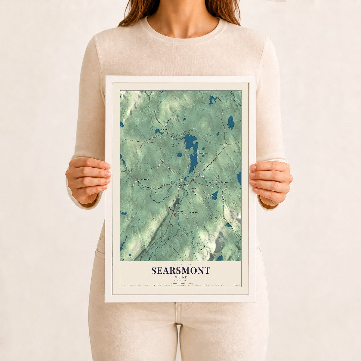 Searsmont, Maine map print - 12 x 18 white Ayous wood frame