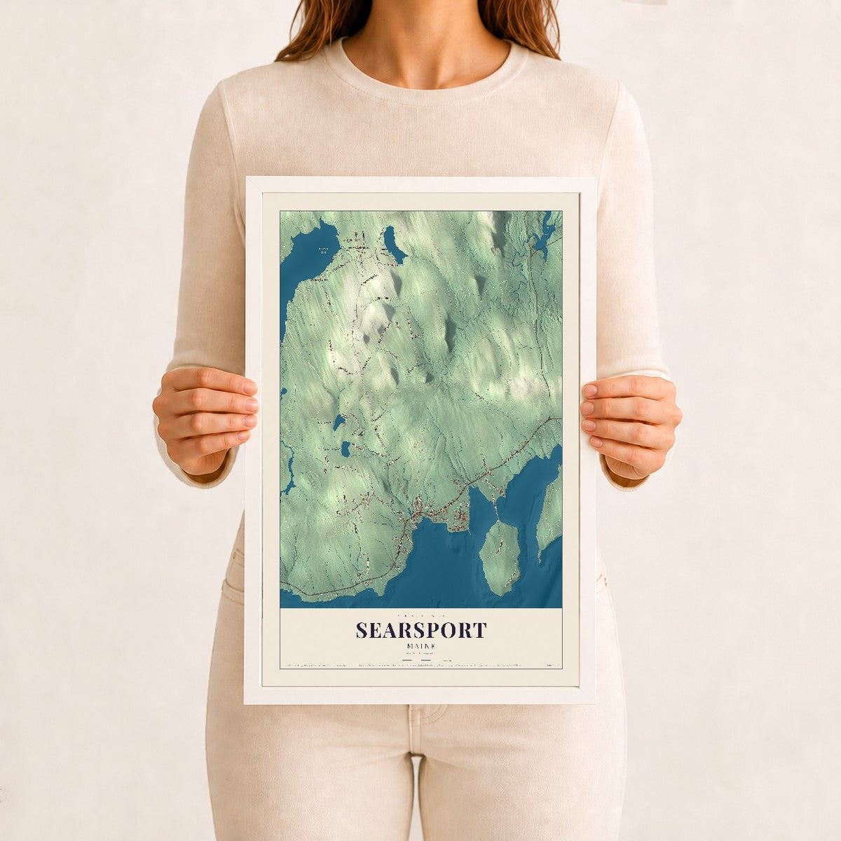 Searsport, Maine map print - 12 x 18 white Ayous wood frame