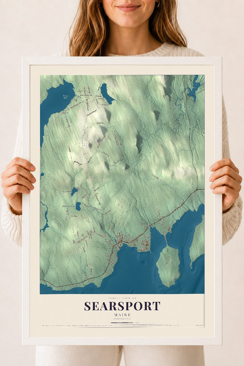 Searsport, Maine map print - 18 x 24 white Ayous wood frame