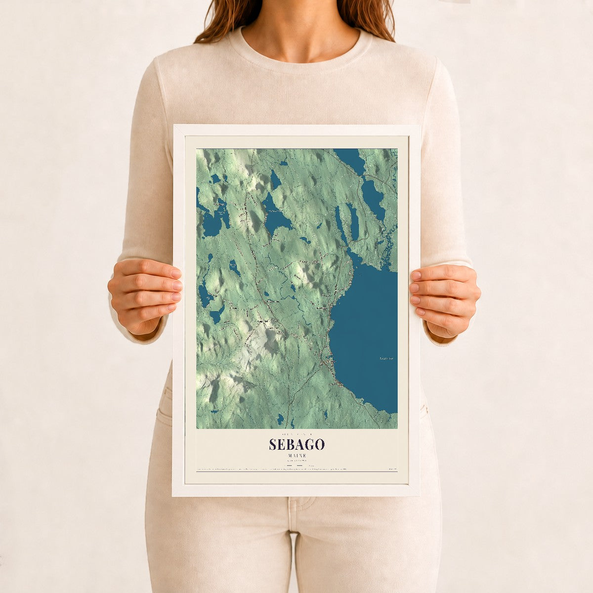 Sebago, Maine map print - 12 x 18 white Ayous wood frame