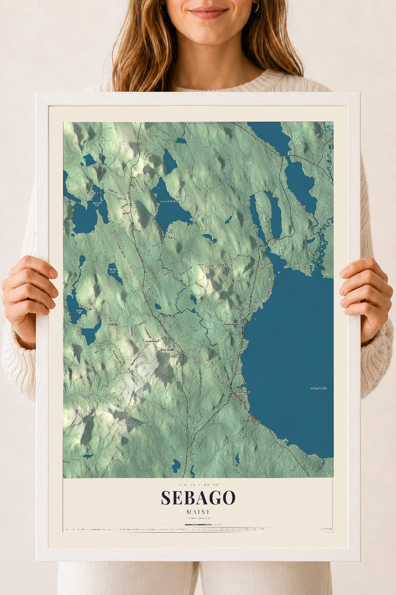 Sebago, Maine map print - 18 x 24 white Ayous wood frame