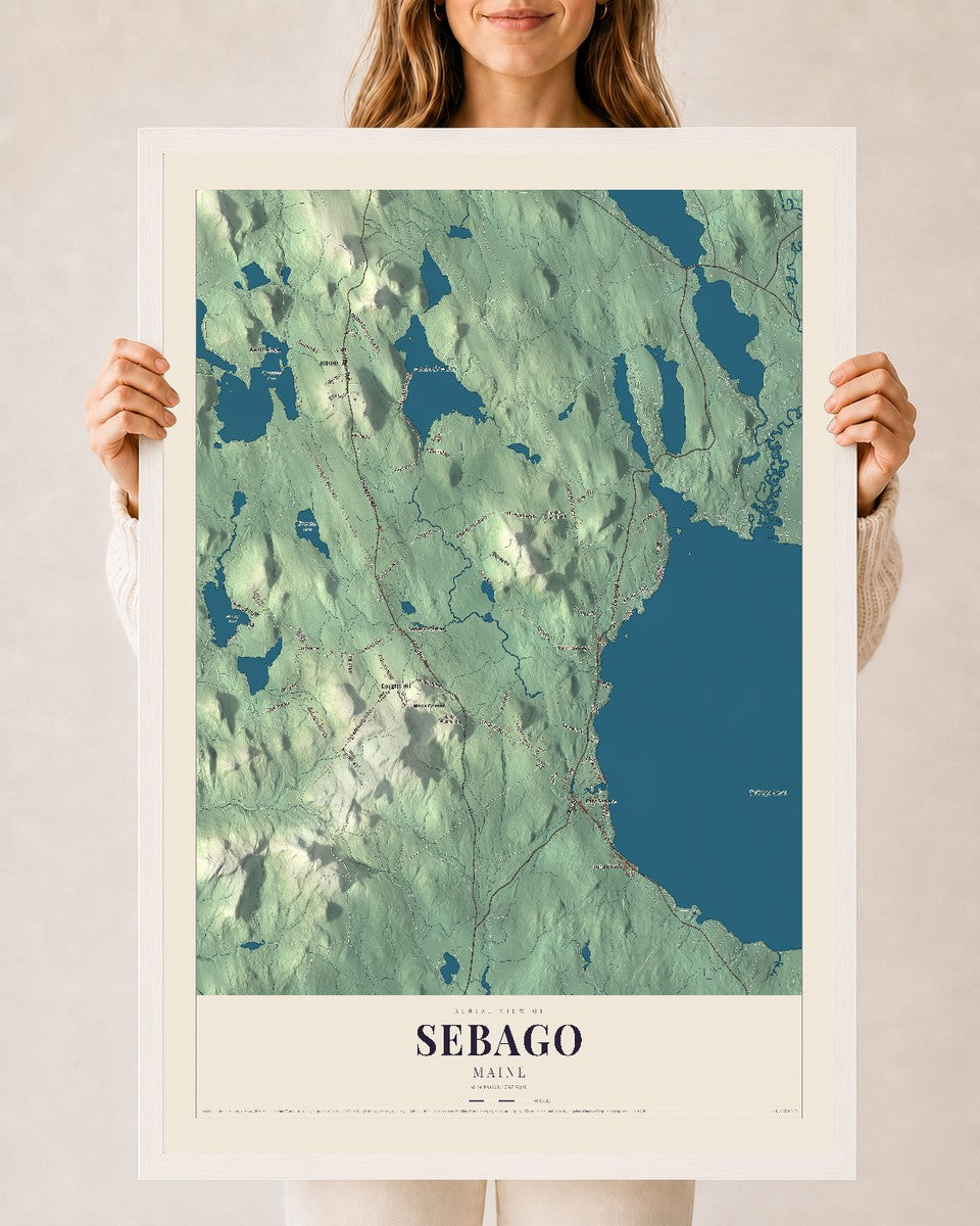 Sebago, Maine map print - 24 x 36 white Ayous wood frame