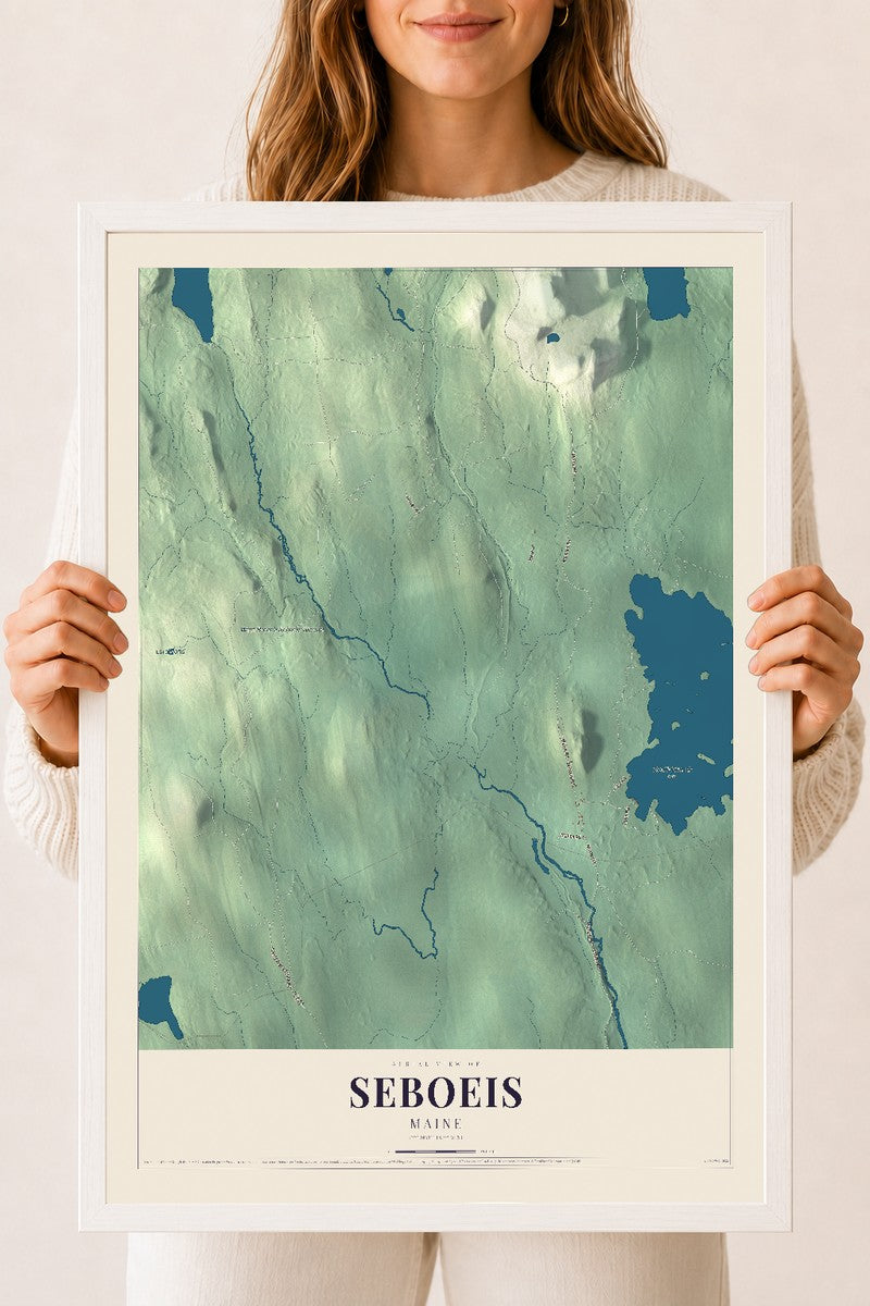 Seboeis, Maine map print - 18 x 24 white Ayous wood frame