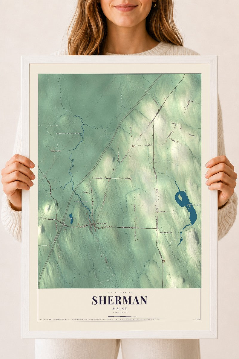 Sherman, Maine map print - 18 x 24 white Ayous wood frame
