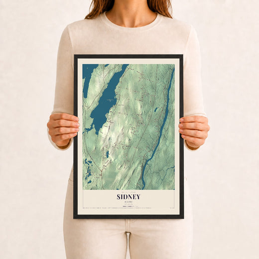 Map of Sidney, Maine, 12 x 18 inch print in a black wood frame