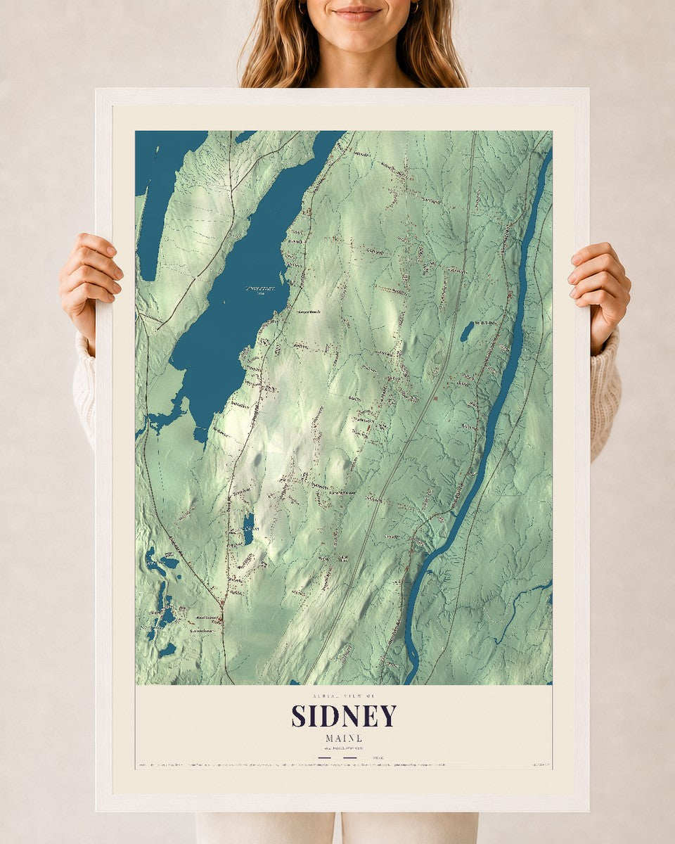 Sidney, Maine map print - 24 x 36 white Ayous wood frame
