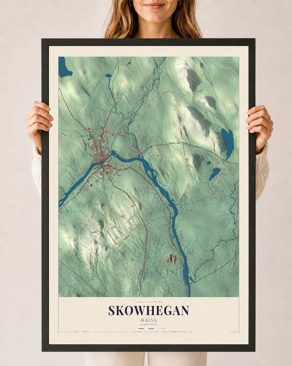 Skowhegan, Maine map print - 24 x 36 black Ayous wood frame
