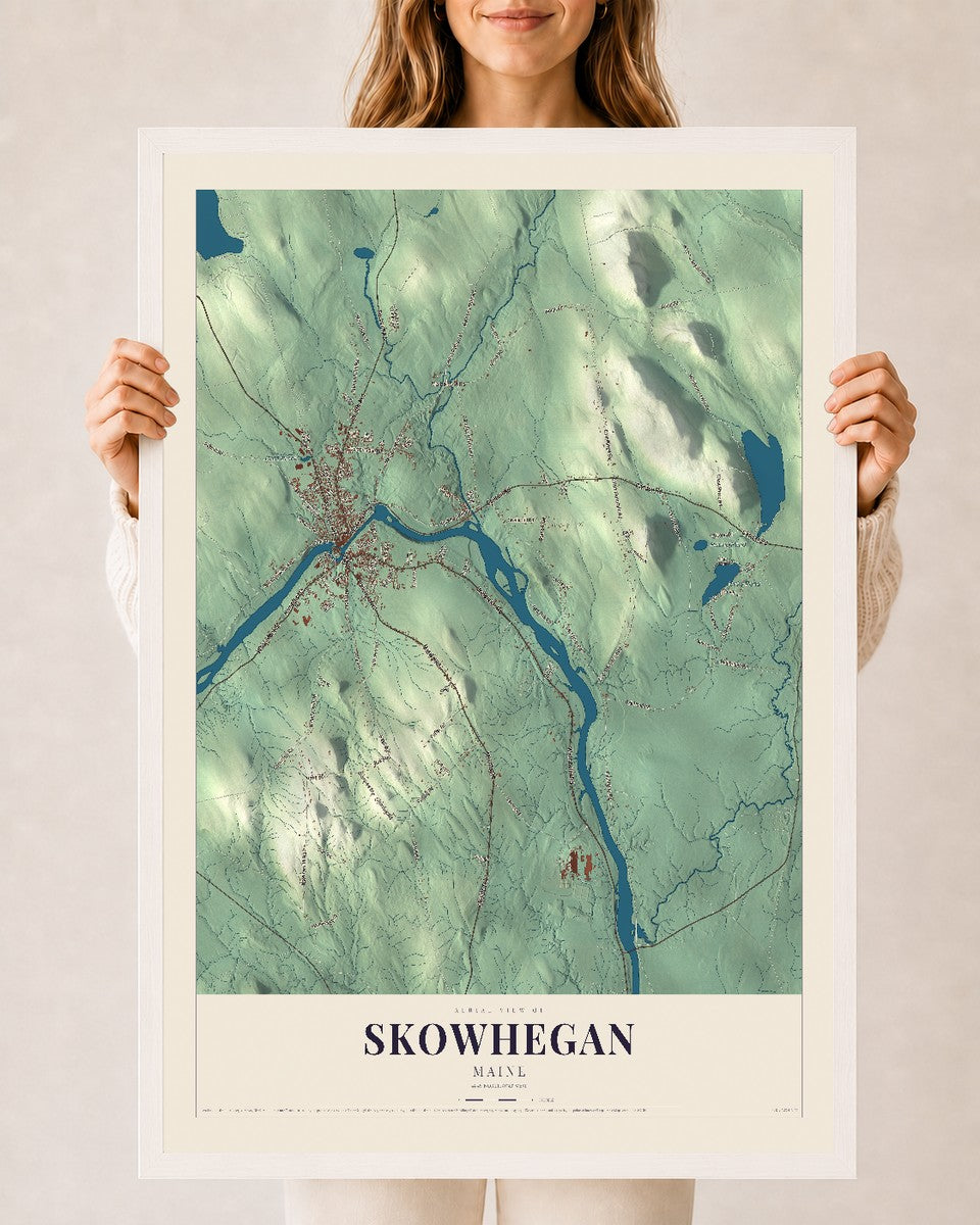Skowhegan, Maine map print - 24 x 36 white Ayous wood frame