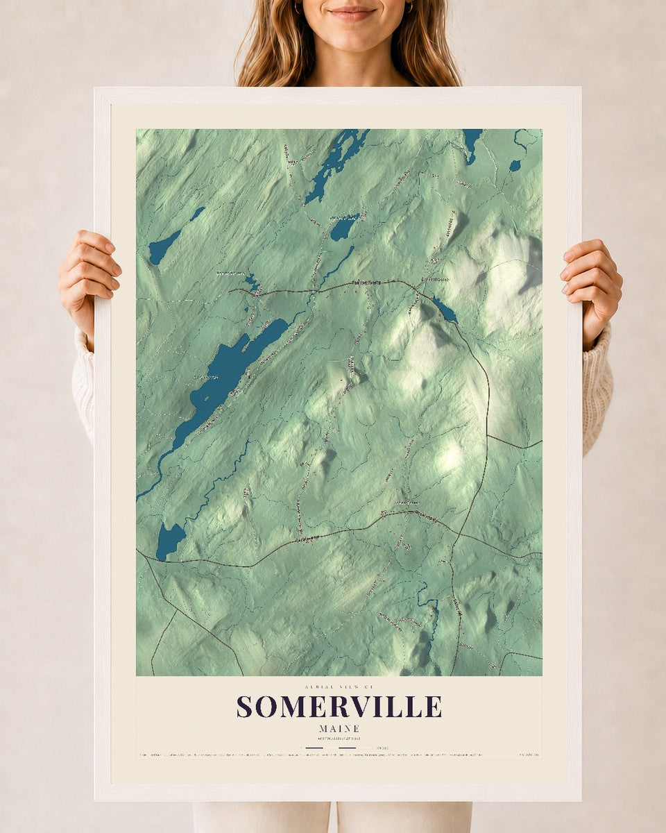Somerville, Maine map print - 24 x 36 white Ayous wood frame