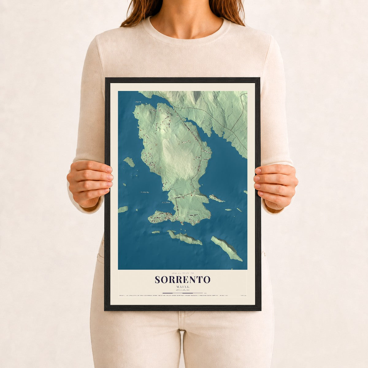 Sorrento, Maine map print - 12 x 18 black Ayous wood frame