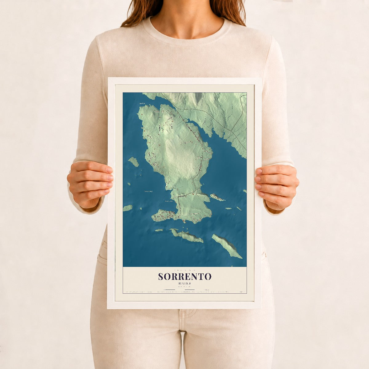Sorrento, Maine map print - 12 x 18 white Ayous wood frame