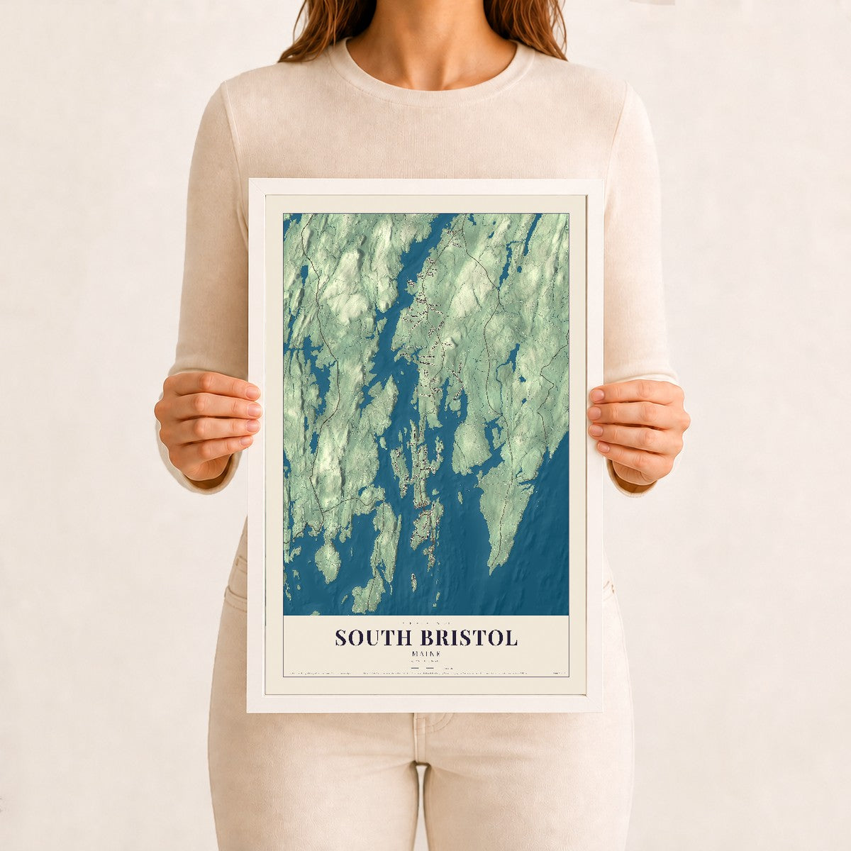 South Bristol, Maine map print - 12 x 18 white Ayous wood frame