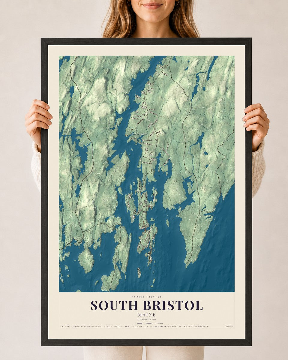 South Bristol, Maine map print - 24 x 36 black Ayous wood frame
