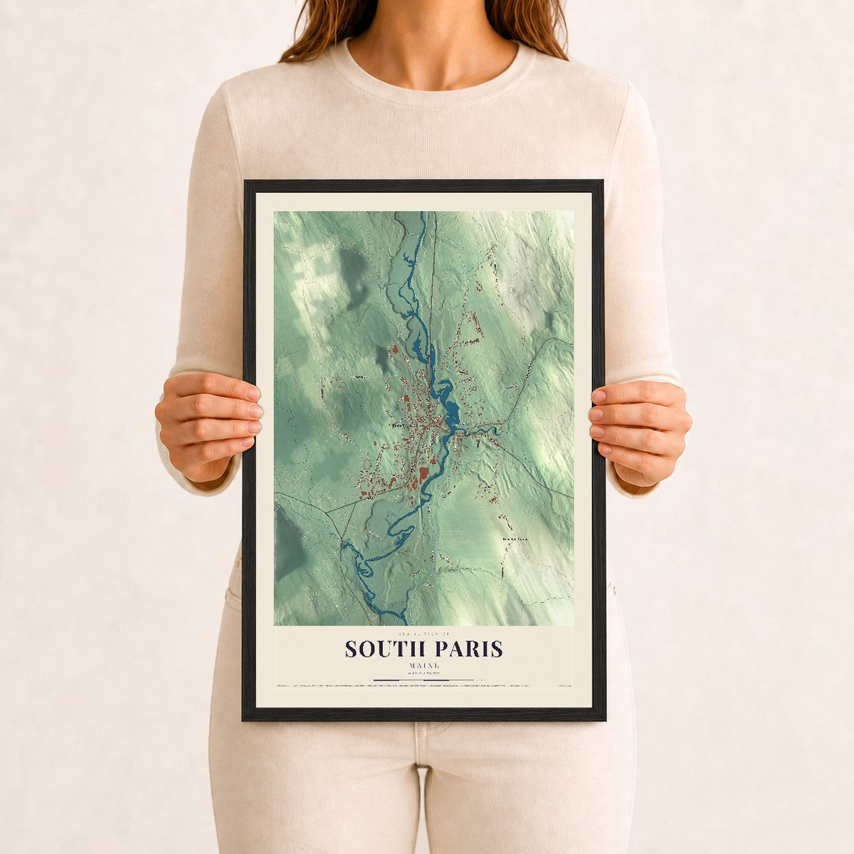 South Paris, Maine map print - 12 x 18 black Ayous wood frame