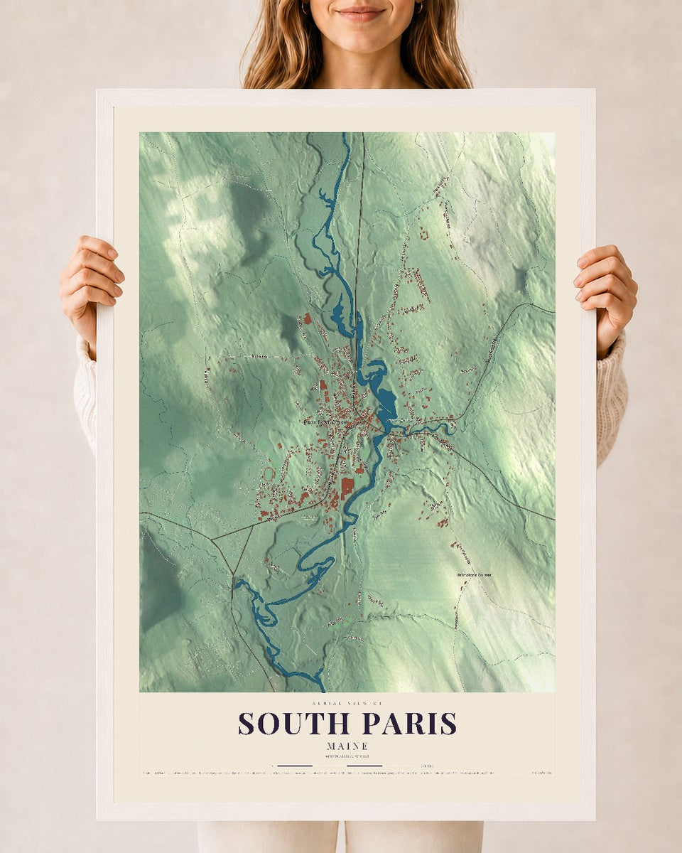 South Paris, Maine map print - 24 x 36 white Ayous wood frame