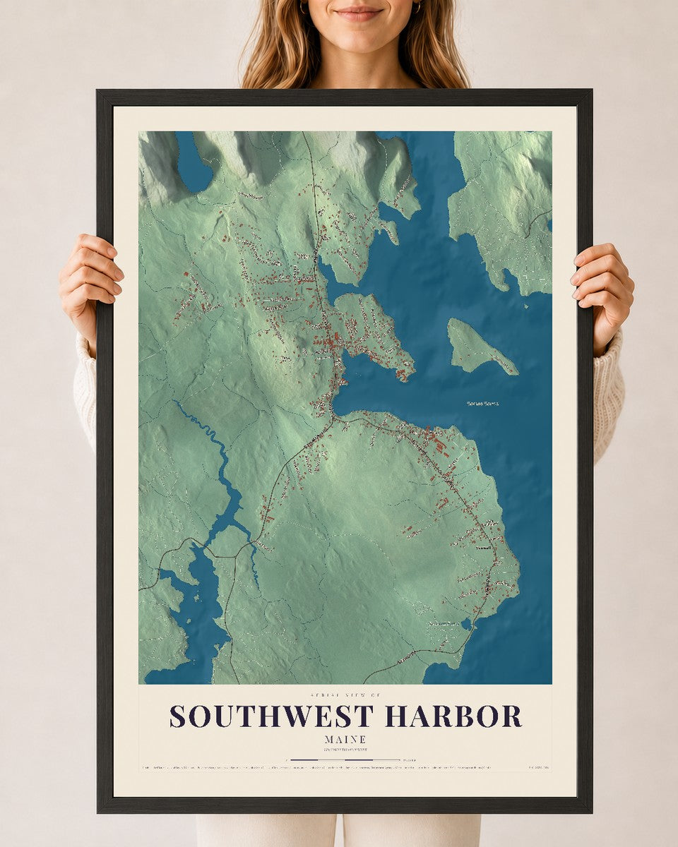 Southwest Harbor, Maine map print - 24 x 36 black Ayous wood frame