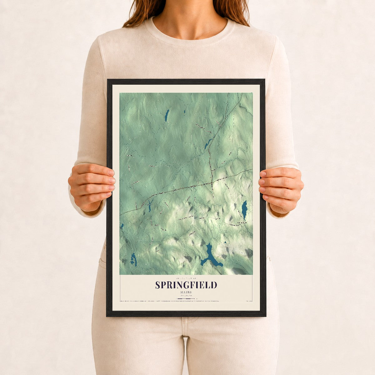 Springfield, Maine map print - 12 x 18 black Ayous wood frame