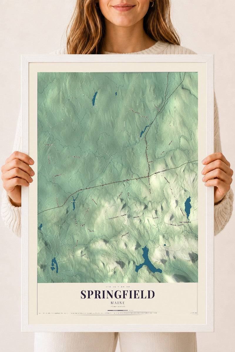Springfield, Maine map print - 18 x 24 white Ayous wood frame