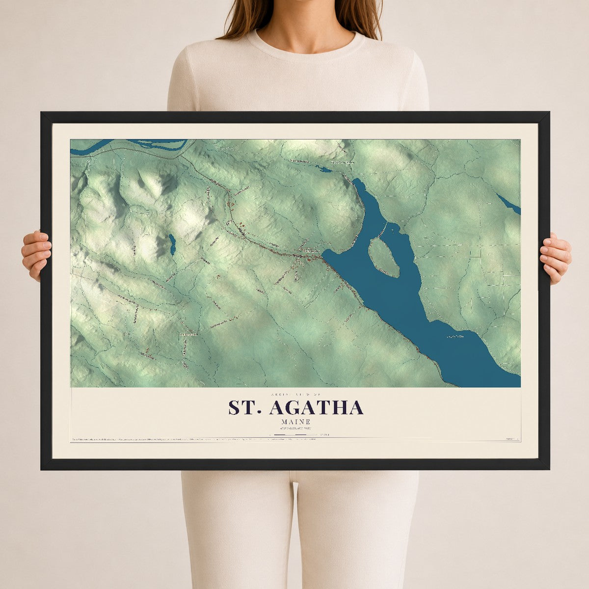 St. Agatha, Maine map print - 24 x 36 black Ayous wood frame