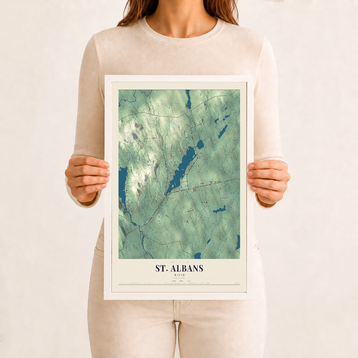 St. Albans, Maine map print - 12 x 18 white Ayous wood frame