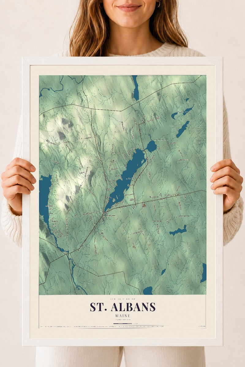 St. Albans, Maine map print - 18 x 24 white Ayous wood frame