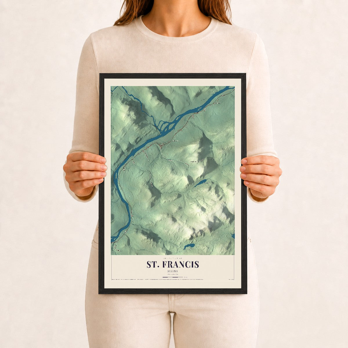 St. Francis, Maine map print - 12 x 18 black Ayous wood frame