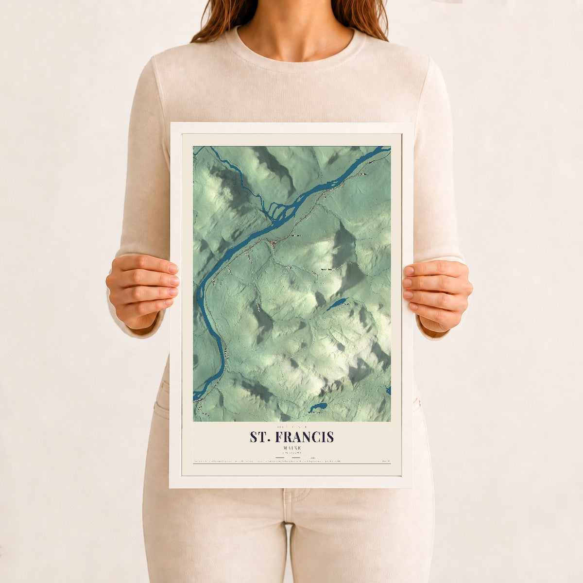 St. Francis, Maine map print - 12 x 18 white Ayous wood frame