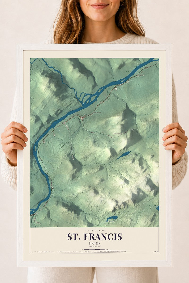 St. Francis, Maine map print - 18 x 24 white Ayous wood frame