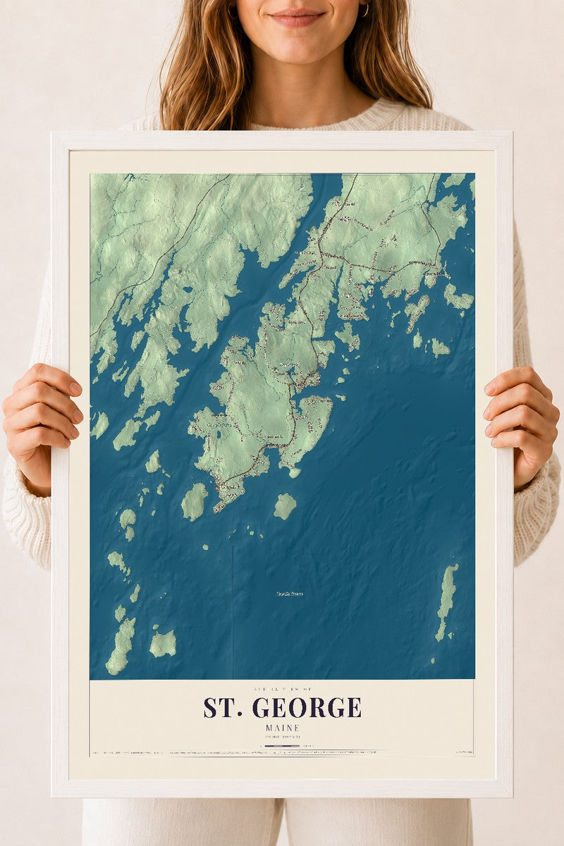 St. George, Maine map print - 18 x 24 white Ayous wood frame