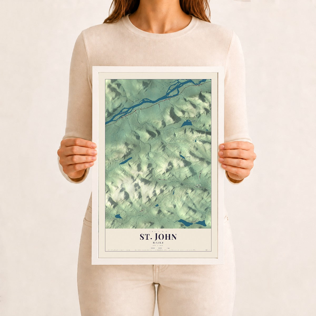 St. John, Maine map print - 12 x 18 white Ayous wood frame