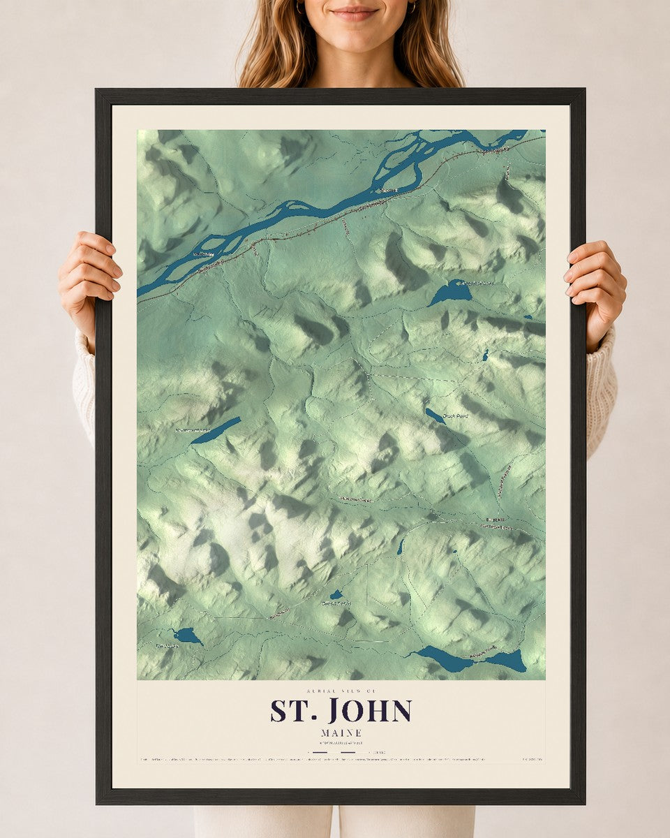 St. John, Maine map print - 24 x 36 black Ayous wood frame