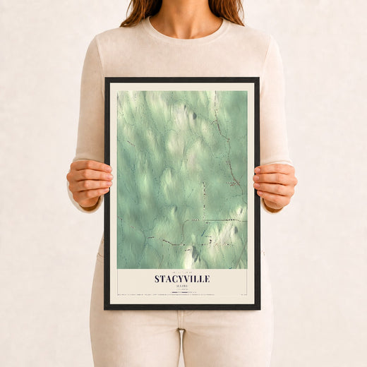 Map of Stacyville, Maine, 12 x 18 inch print in a black wood frame