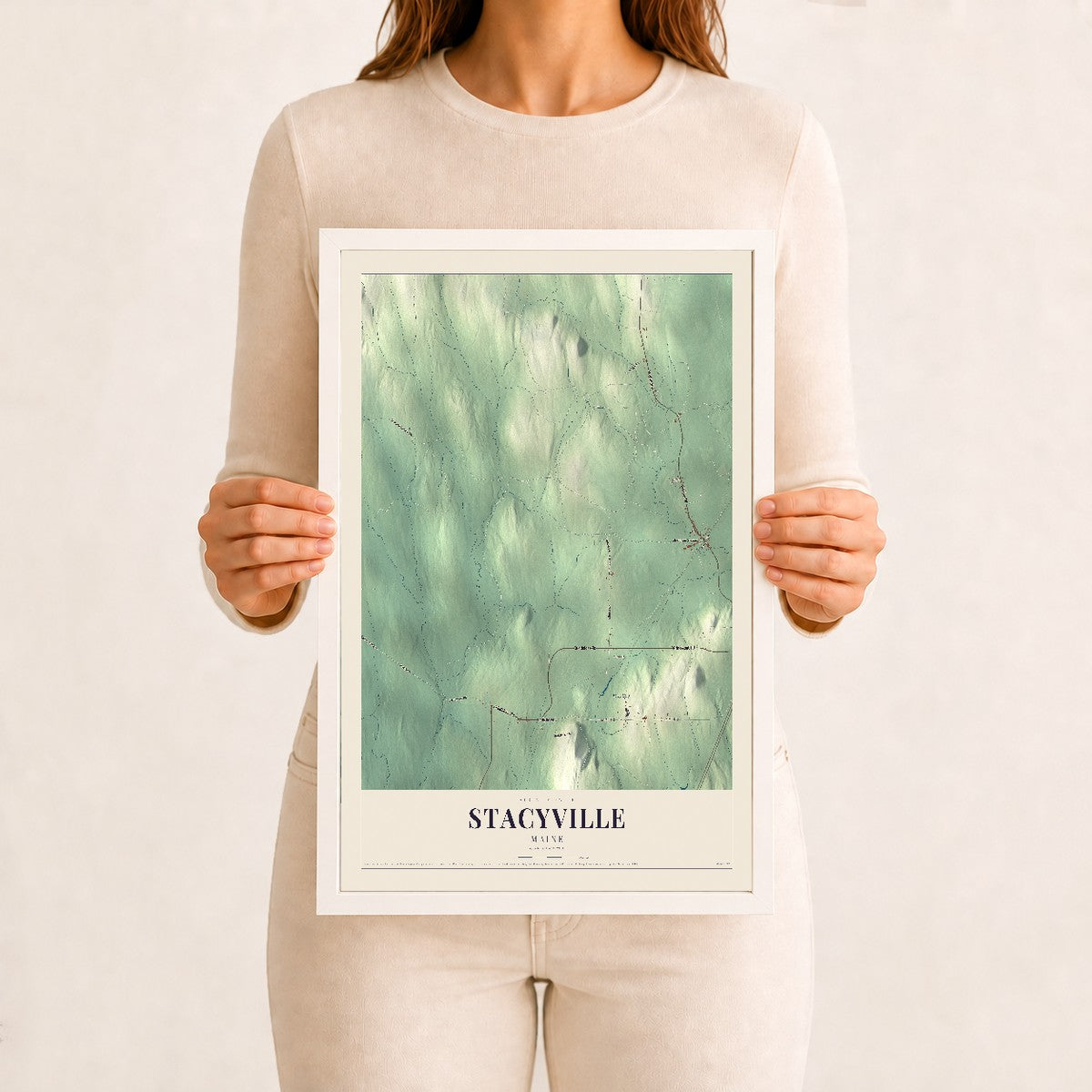 Stacyville, Maine map print - 12 x 18 white Ayous wood frame