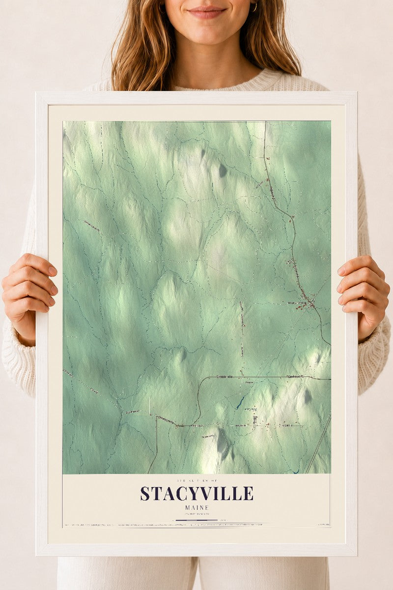Stacyville, Maine map print - 18 x 24 white Ayous wood frame