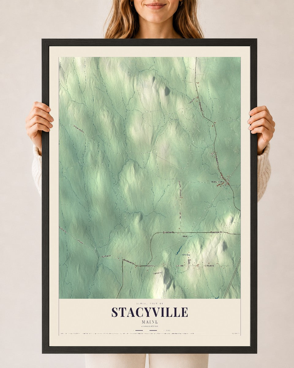 Stacyville, Maine map print - 24 x 36 black Ayous wood frame