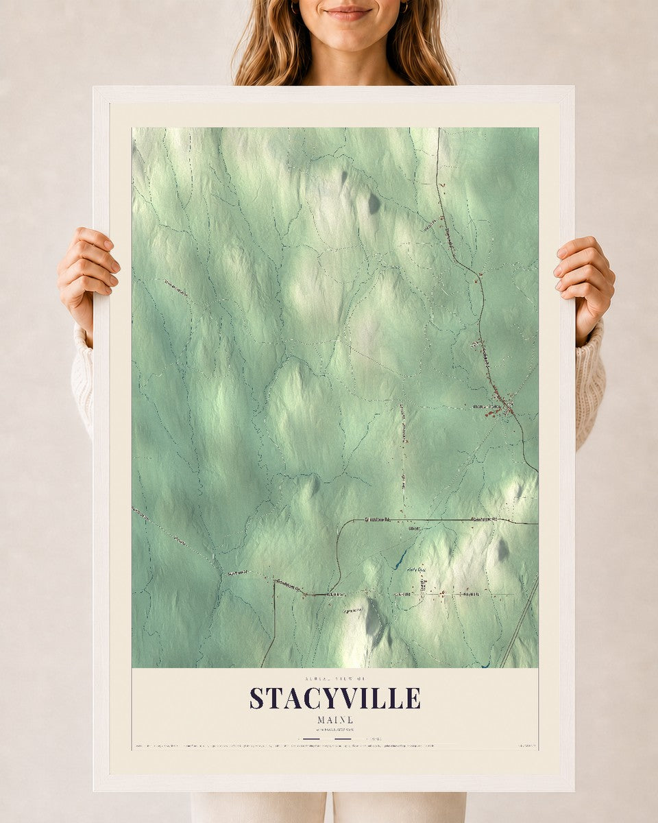 Stacyville, Maine map print - 24 x 36 white Ayous wood frame