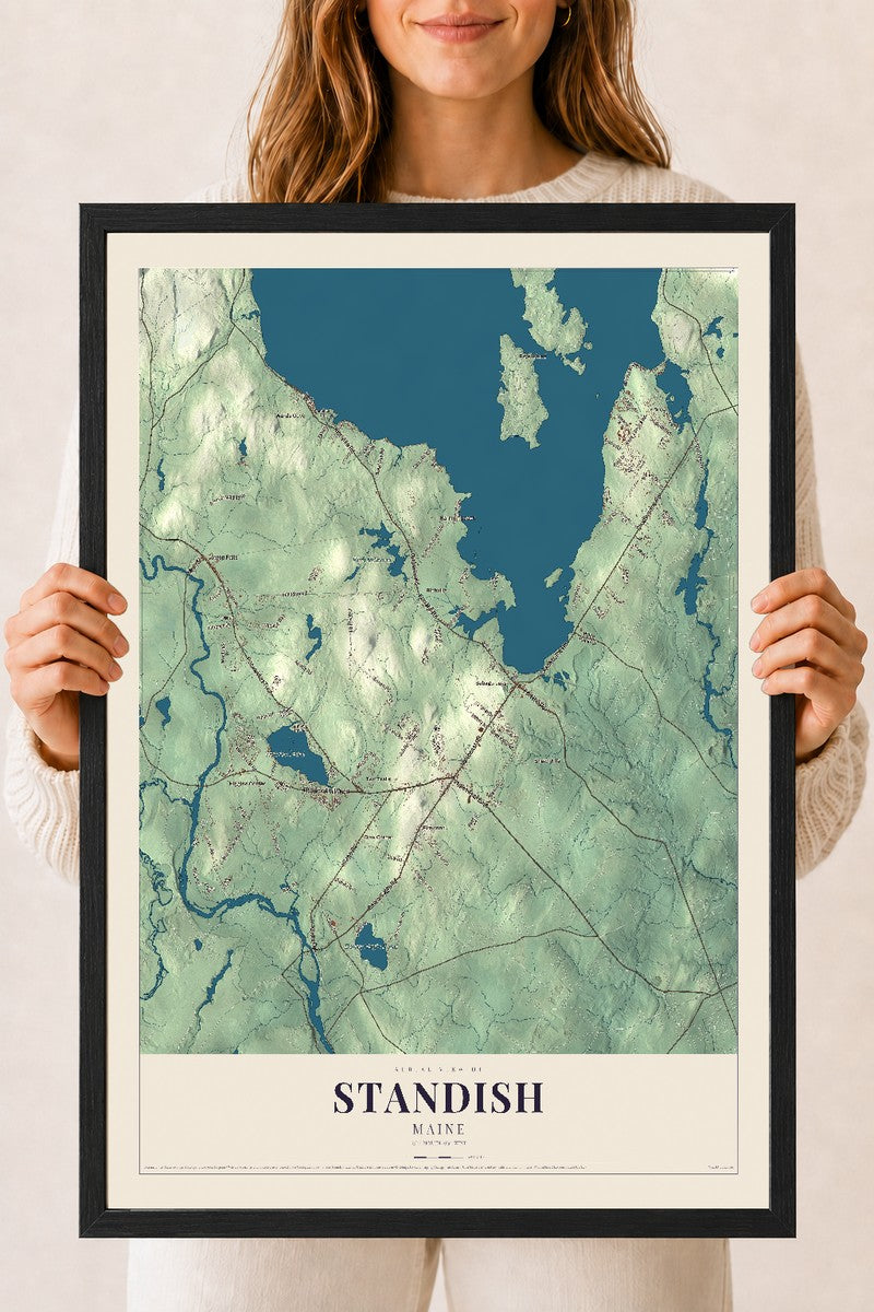 Standish, Maine map print - 18 x 24 black Ayous wood frame