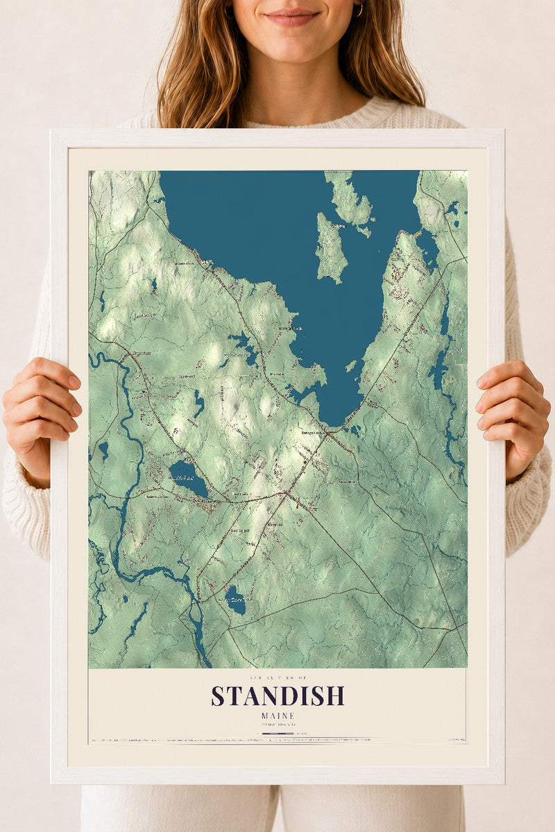 Standish, Maine map print - 18 x 24 white Ayous wood frame
