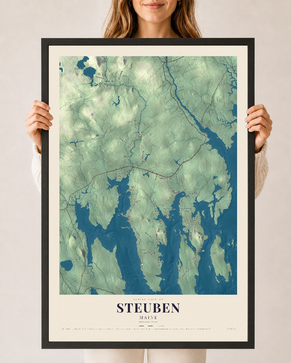 Steuben, Maine map print - 24 x 36 black Ayous wood frame