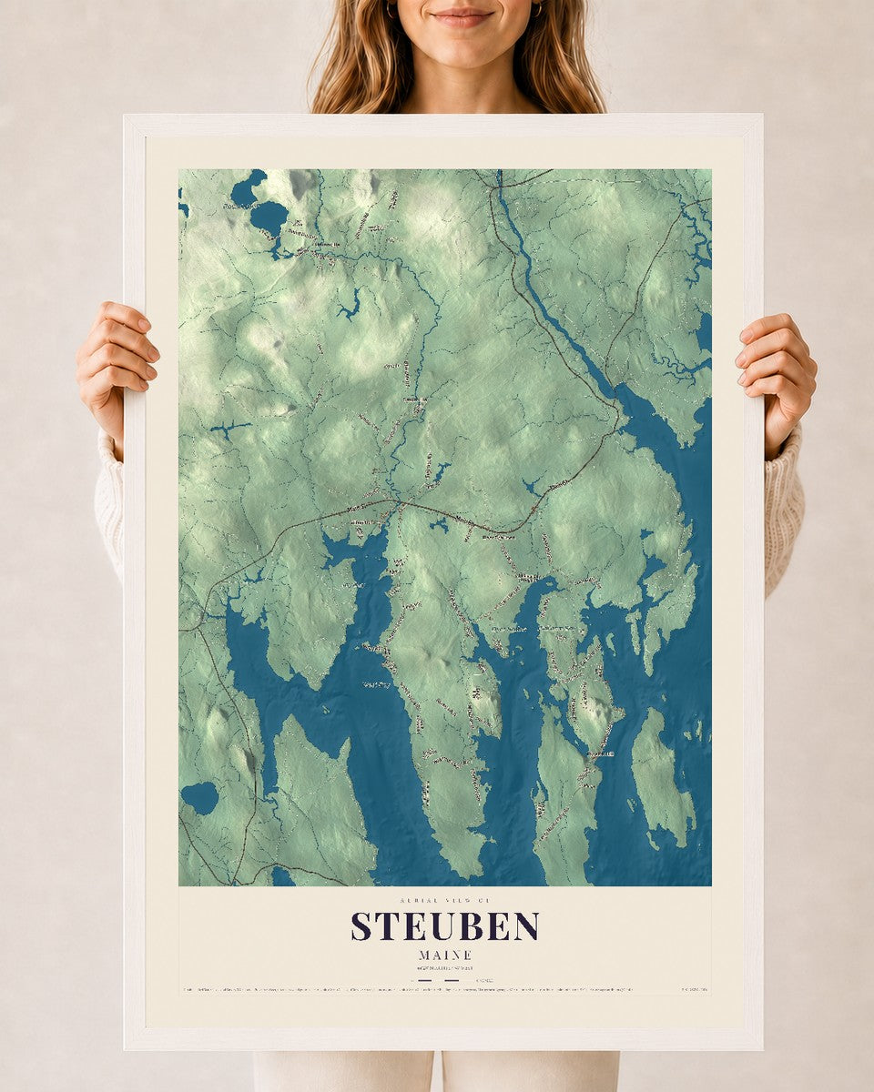 Steuben, Maine map print - 24 x 36 white Ayous wood frame