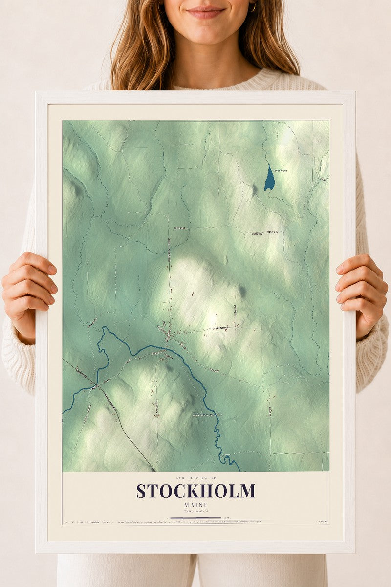 Stockholm, Maine map print - 18 x 24 white Ayous wood frame