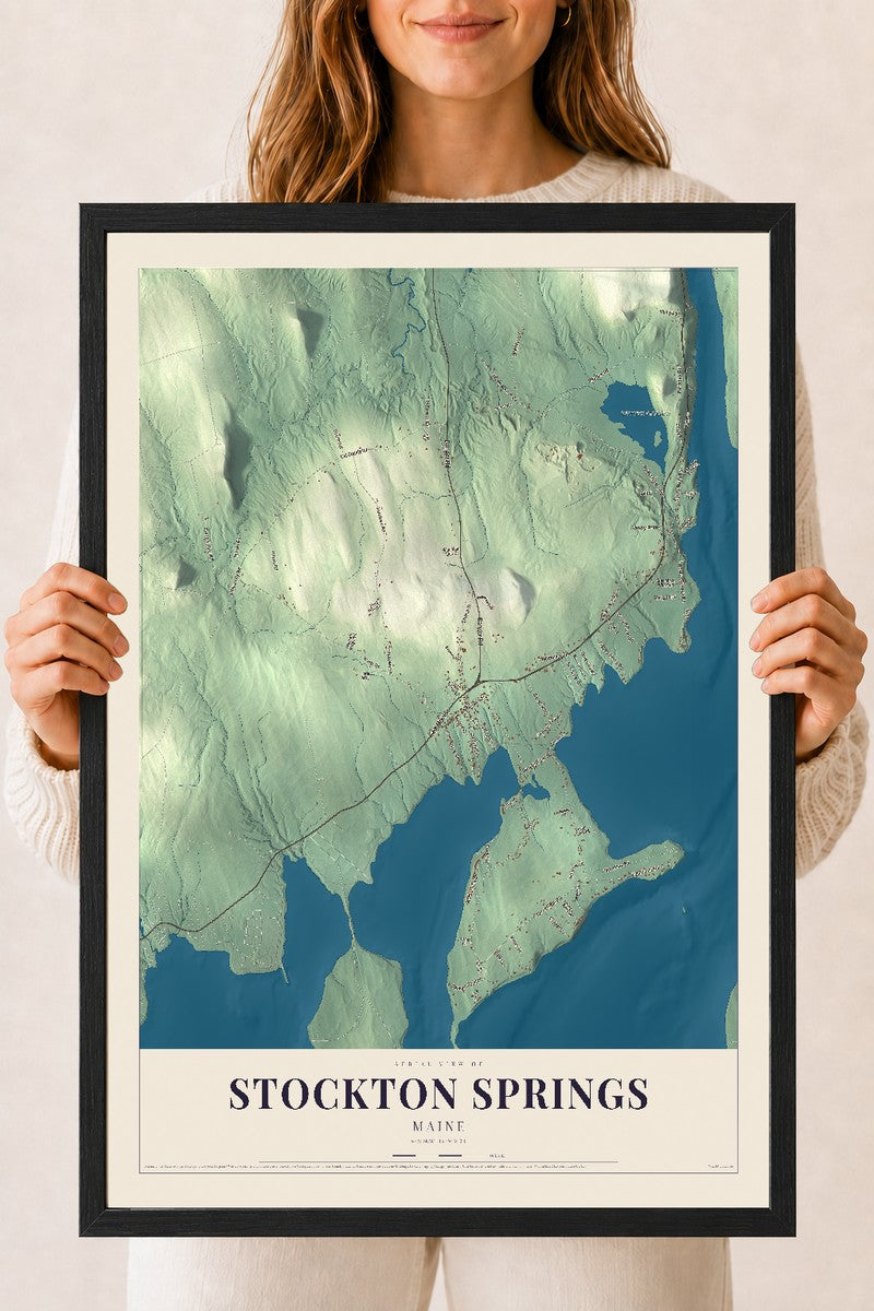 Stockton Springs, Maine map print - 18 x 24 black Ayous wood frame