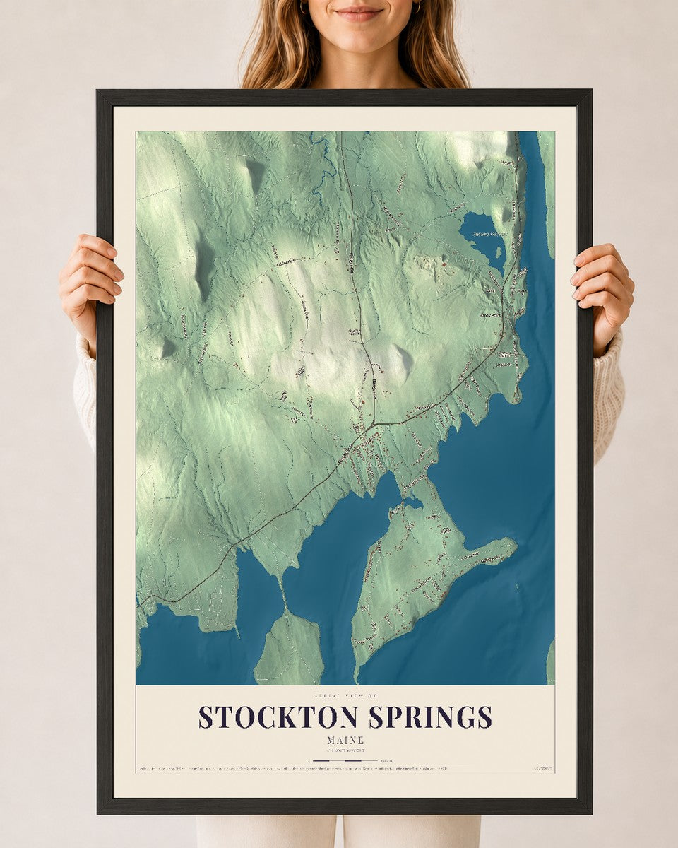 Stockton Springs, Maine map print - 24 x 36 black Ayous wood frame
