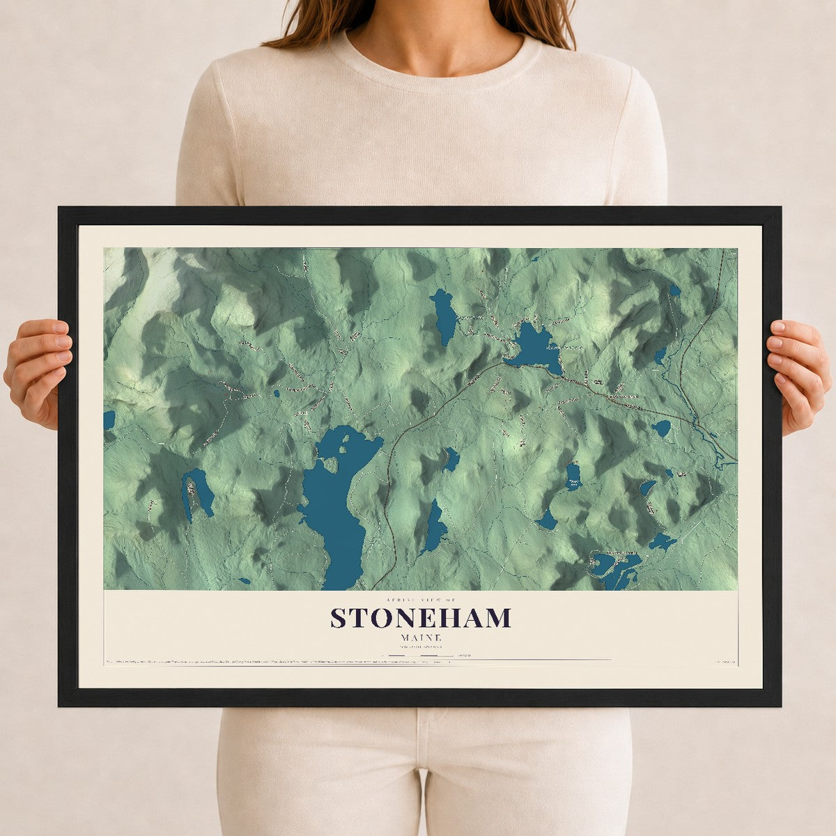 Stoneham, Maine map print - 12 x 18 black Ayous wood frame
