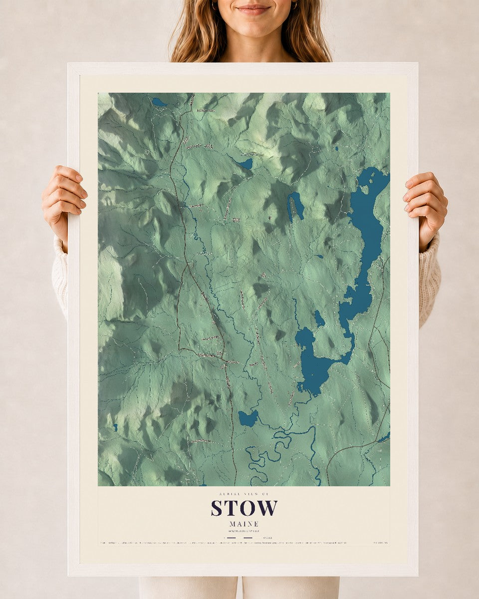 Stow, Maine map print - 24 x 36 white Ayous wood frame