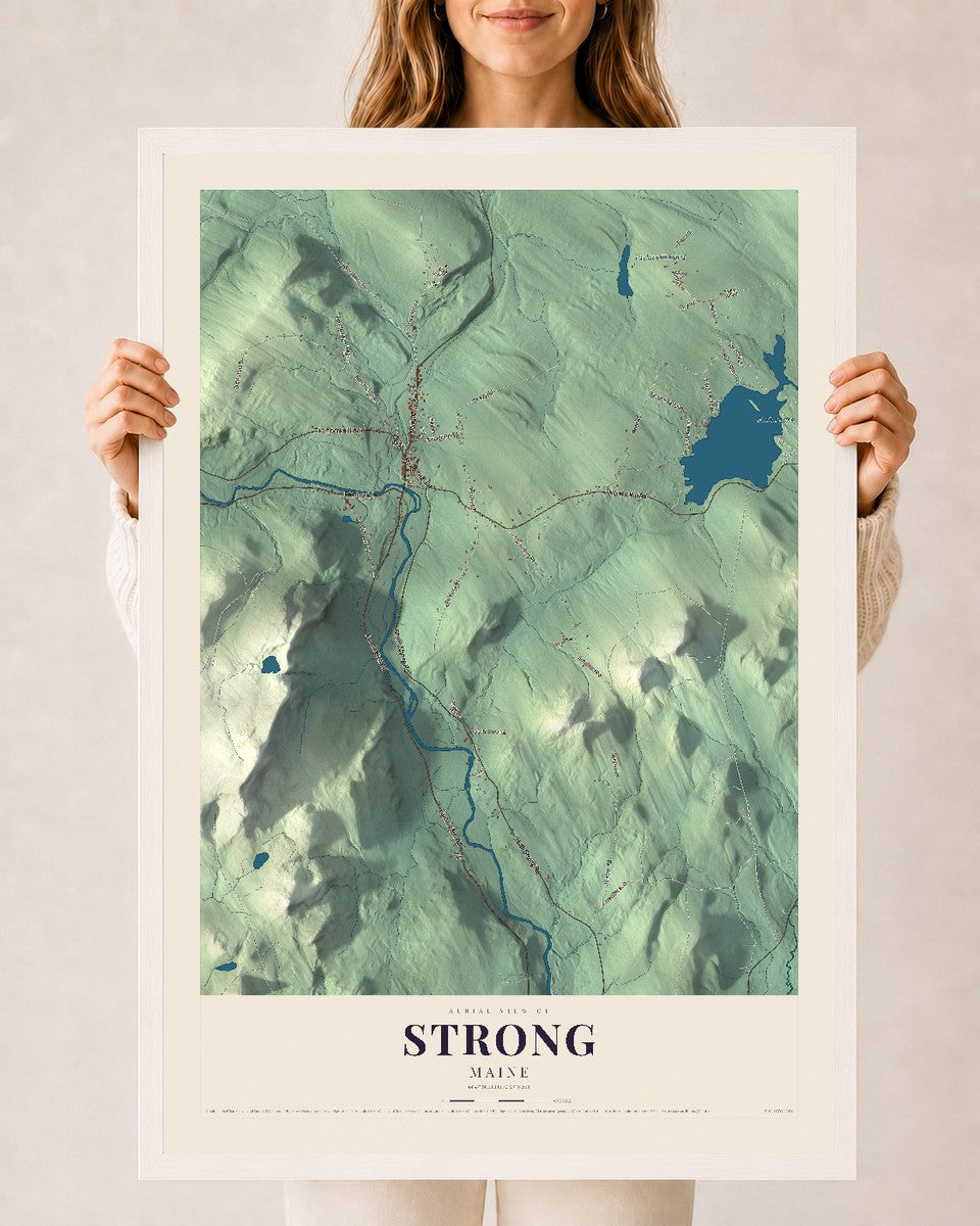 Strong, Maine map print - 24 x 36 white Ayous wood frame