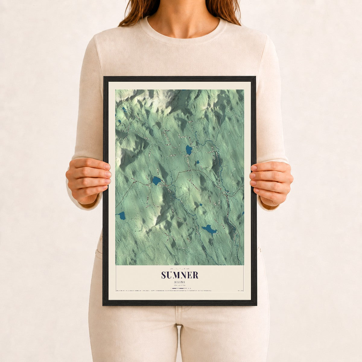 Sumner, Maine map print - 12 x 18 black Ayous wood frame