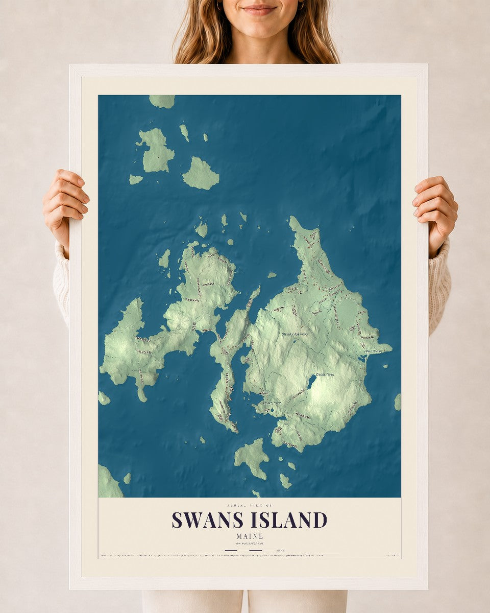 Swans Island, Maine map print - 24 x 36 white Ayous wood frame